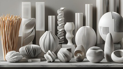 A variety of white and beige sculptural forms arranged on a marble surface.  Different shapes, including vases, columns, and abstract objects, create an artistic display