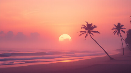 Obraz premium Vibrant Tropical Beach with Striped Beach Chair and Umbrella under Blue Sky