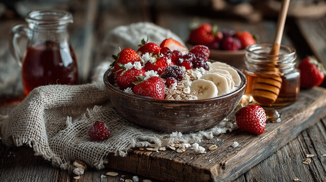 Bol de frutas frescas y cereales con miel sobre mesa r&uacute;stica de madera &ndash; fotograf&iacute;a hiperrealista