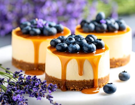 Three mini cheesecakes topped with blueberries and caramel sauce, surrounded by lavender - Powered by Adobe