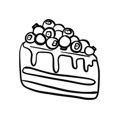 Line art slice of cake topped with blueberries. Elegant dessert illustration, perfect for menus, bakery logos and sweet-themed packaging.