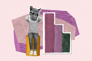 Pop image collage pf person sit coins hold cat face near statistics data on pink background