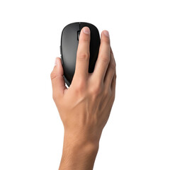Hand using a black wireless computer mouse isolated on transparent background