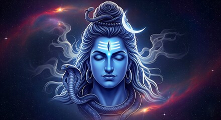 Mystical illustration of the Hindu deity Lord Shiva in serene meditation, adorned with snakes and a moon on a cosmic background.
