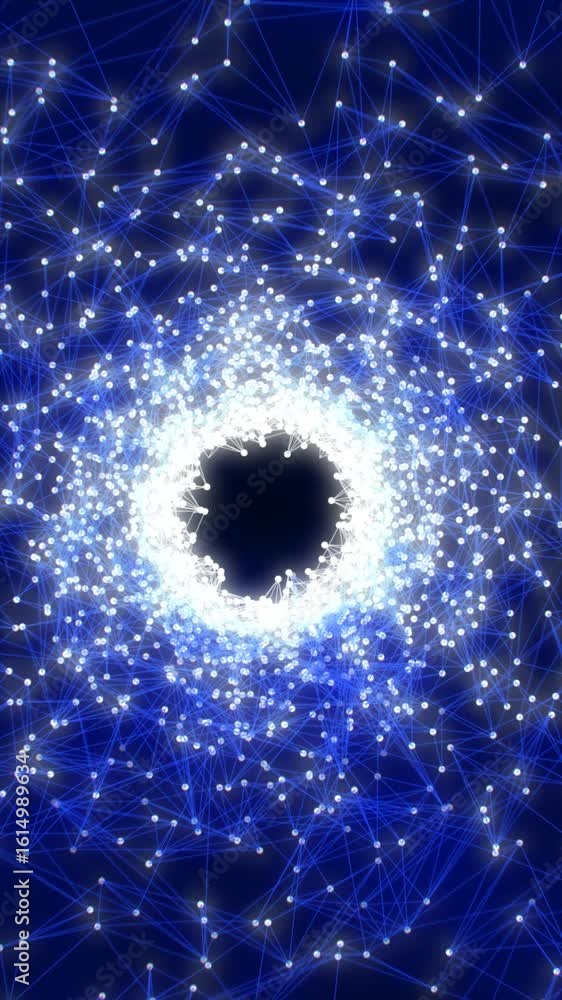 Poster digital network of glowing blue nodes and connections forming a vortex-like structure in deep space
