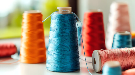 Colorful spools of thread in various vibrant hues, orange, blue, red, and pink, arranged on a white surface. Close-up shot of thread rolls
