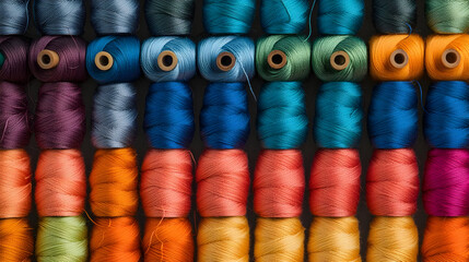 Rows of colorful spools of thread.  Close-up view of various shades of embroidery floss