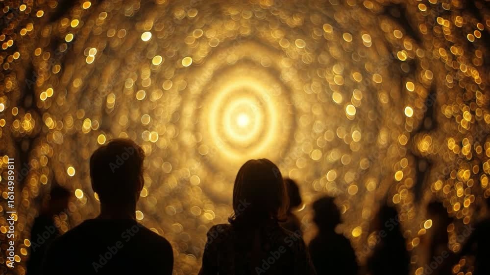 Poster Enigmatic Person Silhouettes Against a Bright Abstract Background with Circular Light Patterns and Artistic Bokeh Effects