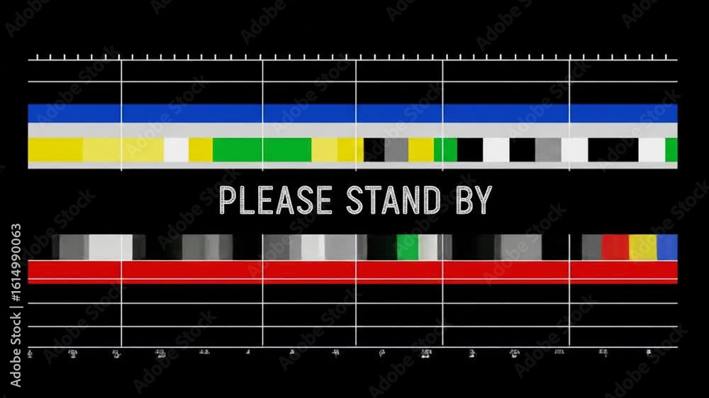 Poster animated please stand by screen with colorful bars and retro style
