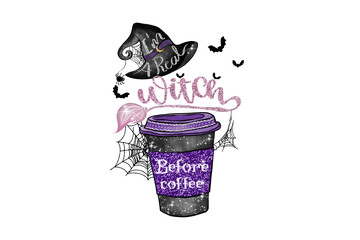 A witchs hat, coffee cup, and bats create a spooky and festive Halloween Sublimation design isolated on transparent background