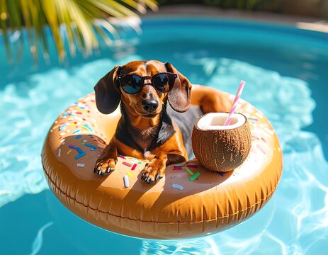 A funny Dachshund dog wearing sunglasses relaxes on a donut inflatable float in a swimming pool with a coconut drink, enjoying a summer vacation.
