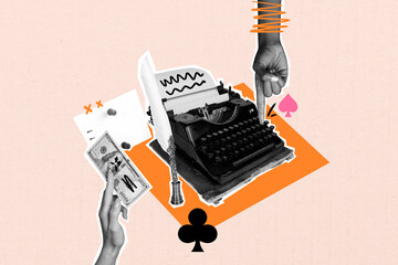 Full 3d poster artwork photo collage of human hands show retro typewriter buying retro tool feather pen dollar banknote income