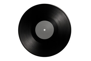 Obraz premium Black vinyl record with gray label, symbolizing vintage music culture against transparent backdrop, capturing analog sound essence