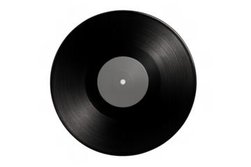 Black vinyl record with gray label, symbolizing vintage music culture against transparent backdrop, capturing analog sound essence