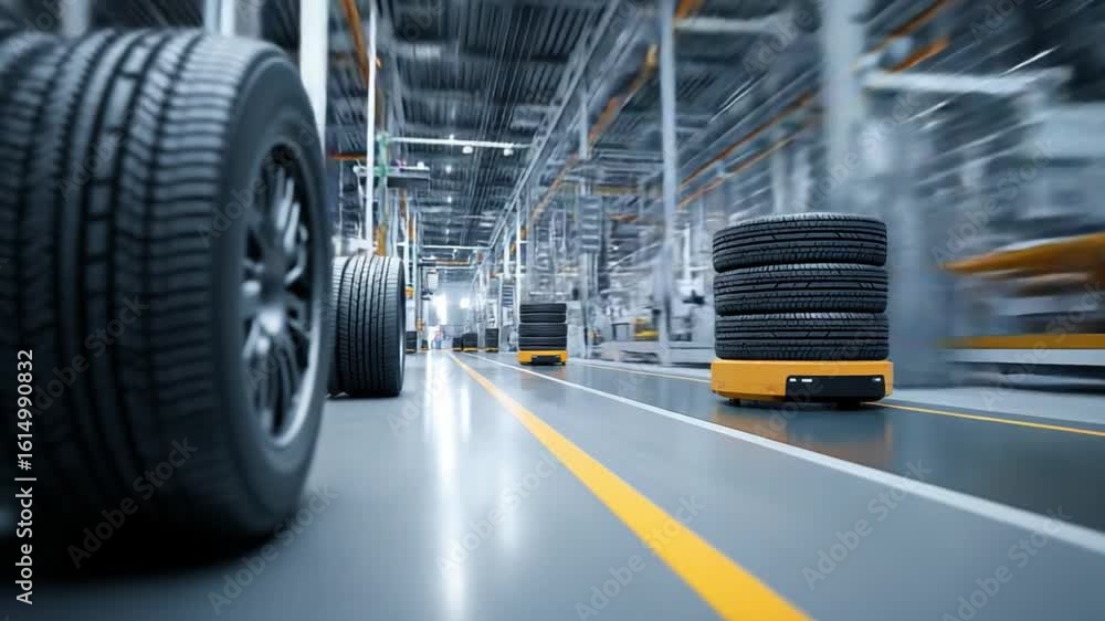 Poster robotic automation in modern warehouse with moving carts and stack of tires in industrial environmen