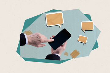 Surreal collage of hand with smart phone screen on pastel background having mind clouds