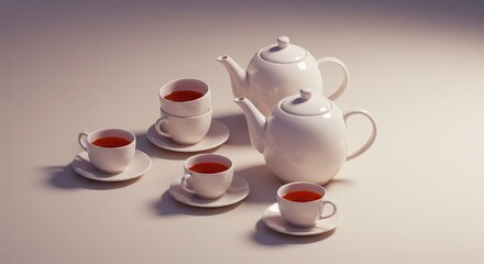 Elegant White Tea Set with Cups and Teapot on Soft Background