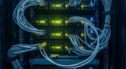 Close-up view of a server rack with numerous interconnected cables and glowing lights.