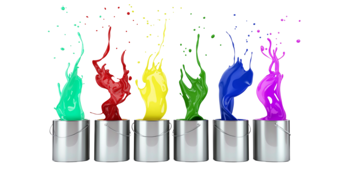 Multicolor paints splashing out from metallic silver buckets. PNG transparent background