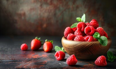 Bowl full of fresh raspberries and strawberries on dark table still life