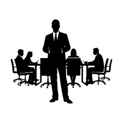 Silhouette of Business Team in Office Meeting with Leader Standing – Corporate Vector Illustration