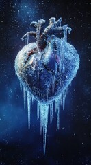 A frozen heart with icicles hanging from its surface