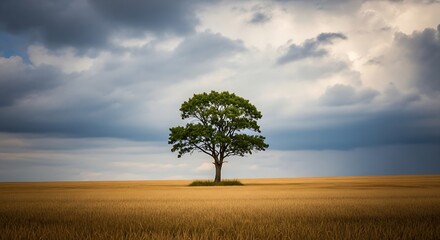 Obraz premium Lone tree stands resilient in a vast golden field under a dramatic, cloudy sky.