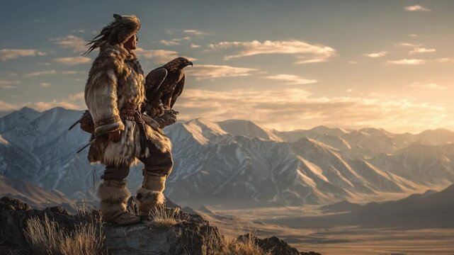 Majestic Hunter with Falcon Standing on Rocky Outcrop Against Dawn Sky in Mountain Landscape