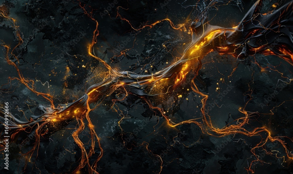 Poster abstract fiery branching root structure with dark textured background