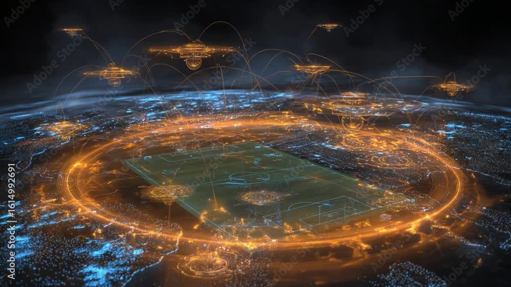Poster futuristic overview of an illuminated soccer field with holographic elements and network connections
