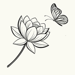 Detailed Lotus Flower and Flying Butterfly Line Art Illustration - Symbol of Nature, Serenity, and Growth for Spiritual and Floral Design Projects