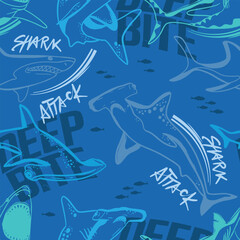 Abstract seamless pattern with shark silhouette, Big fish predator. Grunge modern background for boys and girls,  For prints, T-shirts, textiles,fabric, web. Urban dark wallpaper. © SokolArtStudio