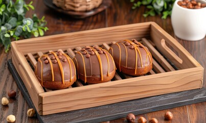 Chocolate dessert trio on wooden tray sweet confections for display
