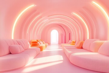 A futuristic, hyper-realistic pink and white room
