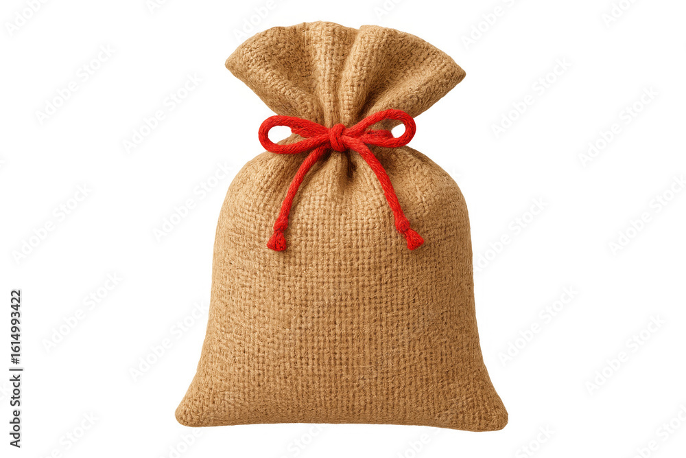 Poster closed burlap sack tied with red string isolated on transparent background, perfect for composites