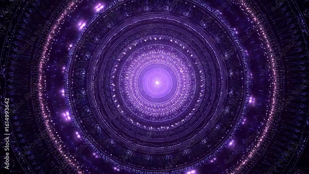 Poster abstract circular pattern with glowing lights in purple and black tones creating a mystical atmosphe