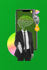 Zine creative vertical photo collage of anonym man instead head brain organ gpt chat ai app light...