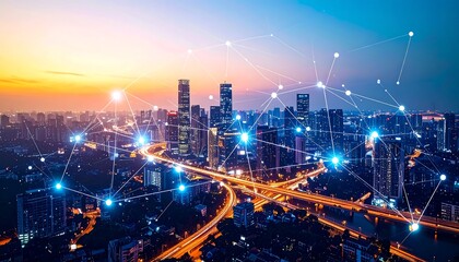 Fototapeta premium Night cityscape with illuminated highways and abstract network connections