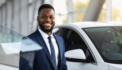 Smiling businessman in suit standing next to electric vehicle highlighting benefits of ev tax credits in urban setting