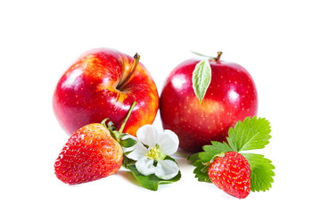 Ripe juicy apples and strawberries with flowers and leaves. Isolated on white.