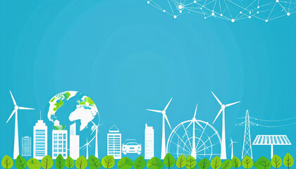 Scenic cityscape featuring wind turbines and trees representing ev-friendly infrastructure for sustainable urban living