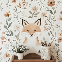 Calm fox face illustrated with natural decor setting high resolution picture