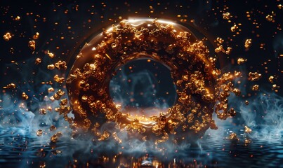 Chocolate donut with crumbs and water reflection for food advertisements