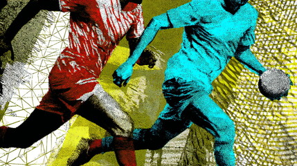 Two soccer players compete fiercely during a match on a vibrant and dynamic field under bright conditions