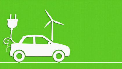 Electric vehicle with wind turbine in background symbolizing renewable energy and sustainable transportation