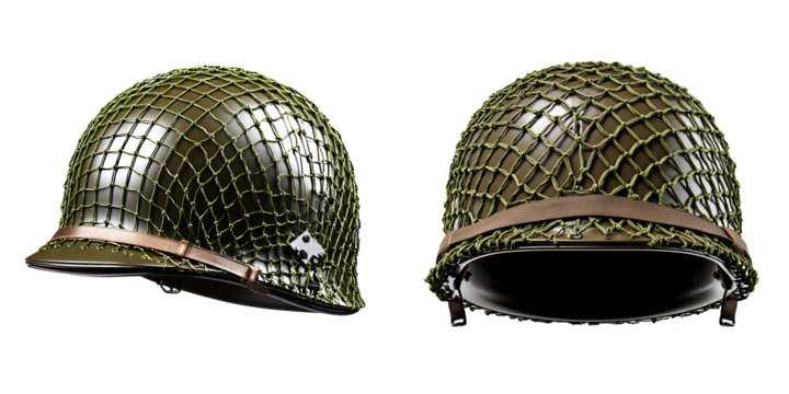 Set of Green Military Helmets with Netting, Isolated on Transparent Background.
