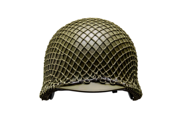 Green Military Helmet with Netting, Isolated on Transparent Background.
