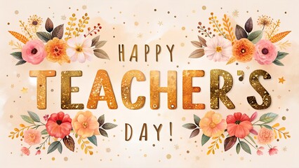 Photo of happy teachers day greeting card with floral decorations and sparkling text