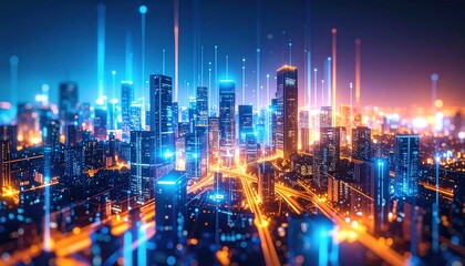 Fototapeta premium Night cityscape with vibrant glowing lines connecting buildings