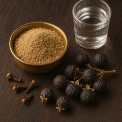 Whole Cloves Ground Spice and Liquid in Small Glass with Dark Wooden Background